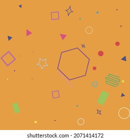 Yellow Stars Oval Square Polygonal Ring Wave Simple Hipster Art. Hearts Simple Red Pastel Zigzag Bright Circle Geometry Illustration. Purple Blue Violet Pink Green Colorful Orange Background.