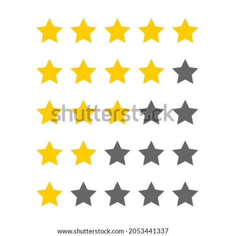 Yellow stars rating. Feedback evaluation in flat design. Rank quality. Modern vector illustration. Feedback from 0 before 5 for apps and websites.