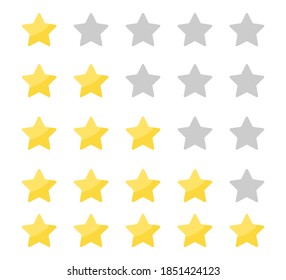 Yellow stars rating on white background. Feedback evaluation in flat design. Rank quality. Review stars symbol. Isolated top rate concept. Review rate icons on white background. Vector EPS 10