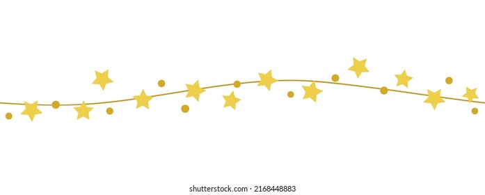 Yellow stars, ribbon and dots on white background seamless border. Vector illustration for patterns, banner, birthday invitation, packaging.