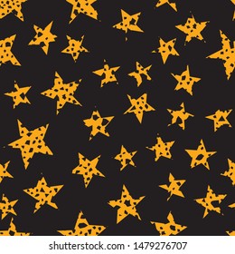 Yellow stars seamless pattern on black background with terrazzo texture. Vector background print. For fabric, kids, scrapbook, wrapping paper.