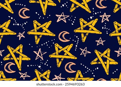 Estrelas amarelas padrão contínuo com pentagrama na moda negrito e formas da lua. Design desenhado à mão perfeito para impressão, moda, papel de embrulho, tecidos