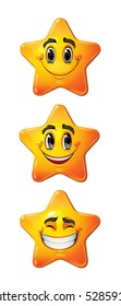 Yellow stars with smiling faces, eyes, mouth and brushes. Vector set of characters.