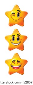 Yellow stars with smiling faces, eyes, mouth and brushes. Vector set of characters.