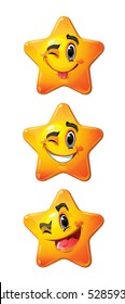 Yellow stars with smiling faces, eyes, mouth and brushes. Vector set of characters.