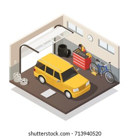 Yellow station wagon and bicycle in car repair and maintenance garage service isometric interior view vector illustration 