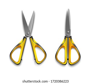 yellow stationery scissors open and closed isolated on white background