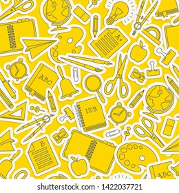 Yellow stationery seamless pattern with different school items on yellow background vector illustration