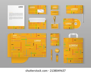 Yellow stationery template design with multicolored lines.Set of business corporate identity mock up. Documentation for business.