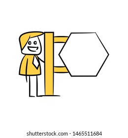 yellow stick figure businessman and guidepost, signage or signpost