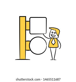 yellow stick figure businessman and guidepost, signage or signpost