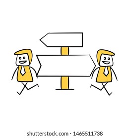 yellow stick figure businessman and guidepost, signage or signpost