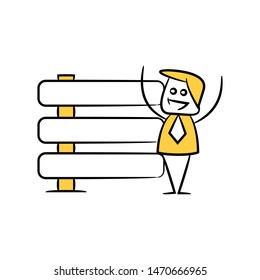 yellow stick figure businessman and guidepost, signage or signpost