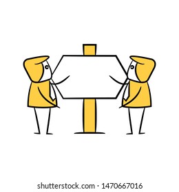 yellow stick figure businessman and guidepost, signage or signpost