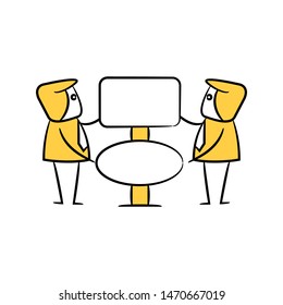 yellow stick figure businessman and guidepost, signage or signpost