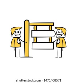 yellow stick figure businessman present with guidepost, signage or signpost