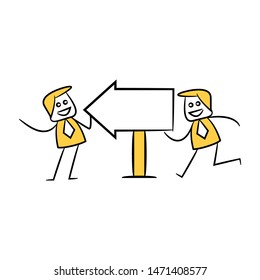 yellow stick figure businessman present with guidepost, signage or signpost