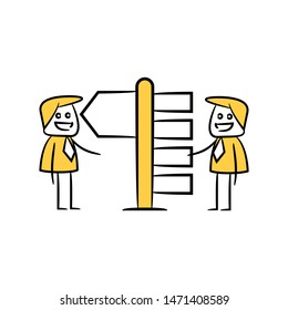 yellow stick figure businessman present with guidepost, signage or signpost
