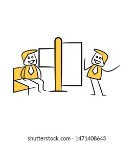 yellow stick figure businessman present with guidepost, signage or signpost