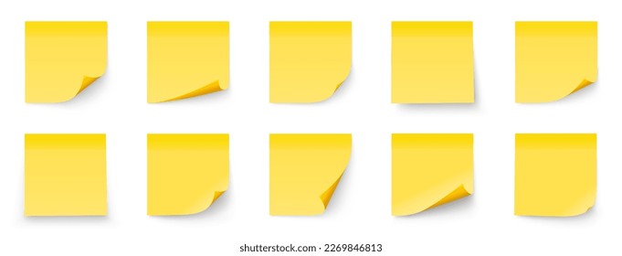 Yellow stick note collection. Realystic stick note isolated on white background. Yellow paper reminder. Post it notes collection with shadow - stock vector.