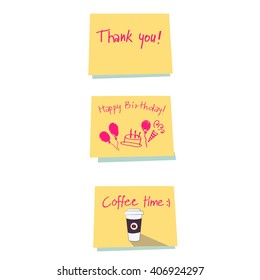 Yellow stick note isolated on white background, notice papers with happy birthday greeting, coffee cup, thank you , vector illustration.
