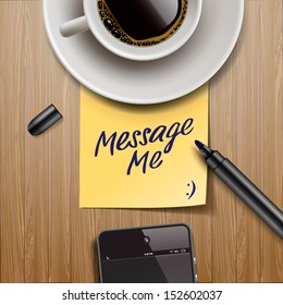 Yellow stick note with marker, coffee cup and tablet on wood table, vector illustration. 