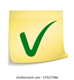 Yellow stick note paper with green check mark