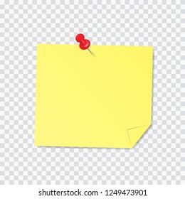 Yellow stick note with red pin and shadow, for short note notification vector EPS10 isolated on transparent background.