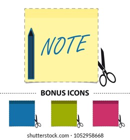 Yellow Stick Note With Scissor, Pen And Cut Line On White Background - Vector Illustration - Bonus Icons
