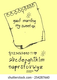 Yellow stick note with written by hand abc set. heart and sun. Vector illustration.