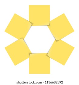 Yellow stick notes isolated on white background, infographic with 6 options, vector illustration