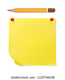 Yellow stick paper note with pencil on white background. Vector illustration. Can be use for your design, presentation, promo, adv. EPS10.