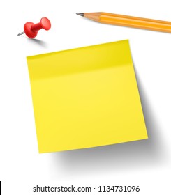 Yellow stick paper note with pencil and red thumbtack isolated on white background. Vector illustration. Can be use for your design, presentation, promo, adv. EPS10.