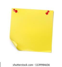 Yellow stick paper note with red thumbtacks on white background. Vector illustration. Can be use for your design, presentation, promo, adv. EPS10.