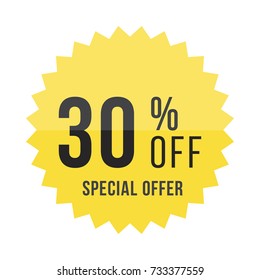 Yellow sticker with 30% discount. Template of the emblem with special offer flat vector eps 10