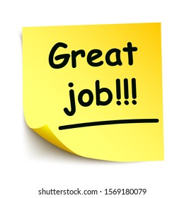 Yellow sticker with black postit „Great job!!!“, note hand written - stock vector