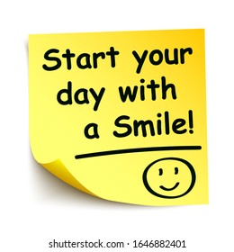 Yellow sticker with black postit „Start your day with a smile!!!“, note hand written - stock vector