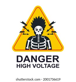 yellow sticker caution high voltage. electric shock by a person. flat vector illustration.