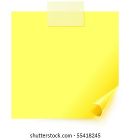 Yellow sticker with the curled corner and paper adhesive tape on white background.