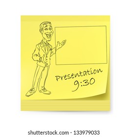 Yellow sticker with man and organizing presentations. Illustration on white