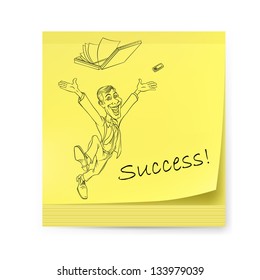 Yellow sticker with man, and success. Illustration on white