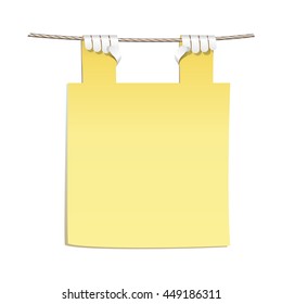 Yellow sticker note hanging on a rope. Vector illustration