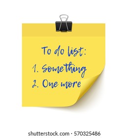 Yellow sticker paper post it checklist with paper clip isolated on white background. Realistic vector illustration for to do list, reminder. Sticky paper with space for text