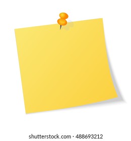 Yellow sticker pinned push button with curled corner isolated on white background ready for your message. Vector illustration