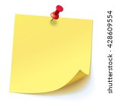 Yellow sticker pinned red pushbutton with curled corner, ready for your message. Vector illustration. Isolated on white background. Front view. Top view. Close up.