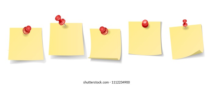 Yellow sticker pinned red pushbutton with curled corner, ready for your message. Vector illustration. Isolated on white background. Front view. Top view. Close up.