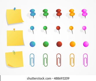 Yellow sticker set pinned push button with curled corner and pin, clip and magnet set isolated on white background ready for your message. Vector illustration