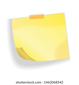 Yellow sticker sheet pinned adhesive tape with curled corner. Notice board element. Perfect for back to school or business design theme. Vector illustration. Isolated on white background. Front view. 