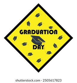 Yellow sticker with silhouette of graduation caps and the text graduation day