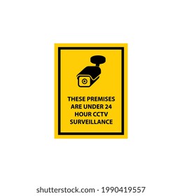 Yellow sticker with warning about premises control by security video camera. Sign with image of cctv surveillance system and text. Vector illustration